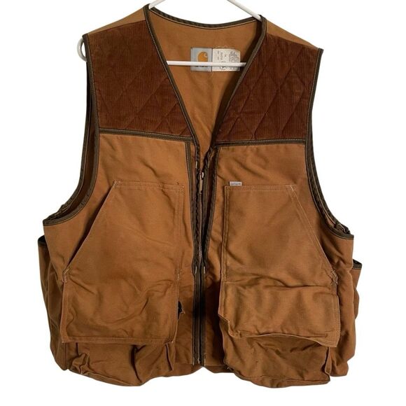 Vtg Carhartt Game Hunting Vest XL Tan Duck Canvas Brown Corduroy Made In USA - Picture 1 of 7